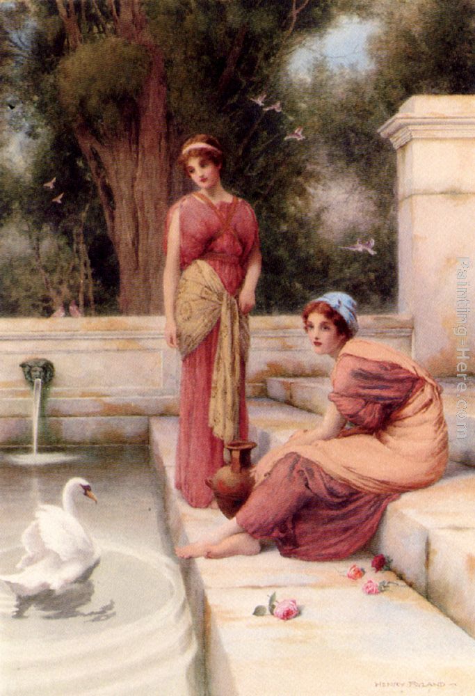 Two Classical Maidens And A Swan painting - Henry Ryland Two Classical Maidens And A Swan art painting